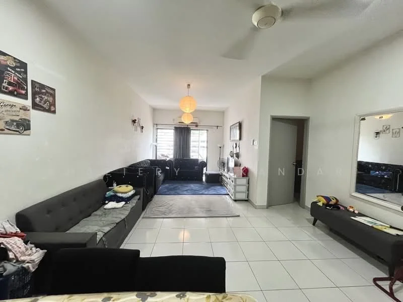 Living features: grey fabric sofa, black leather sectional sofa, area rug with geometric pattern, wall-mounted mirror, ceiling fan, white painted walls, tile flooring, large window with sheer curtains, decorative wall art, coffee table, TV console; style: modern.