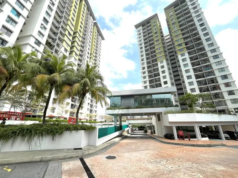 Exterior type: high-rise condominium; features: glass curtain wall, green accent panels, palm trees, manicured landscaping, driveway with interlocking pavers, covered entrance, multiple storeys, outdoor seating area; style: modern.