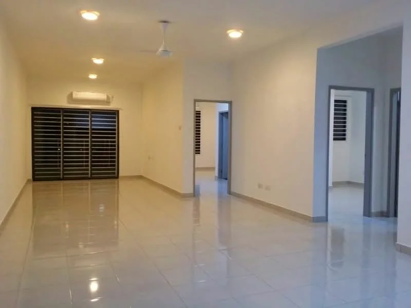 Living features: white painted walls, glossy ceramic tile flooring, recessed downlights, 1 ceiling fan, air conditioning unit, double sliding glass door, windows with grilles, neutral color scheme; style: modern.