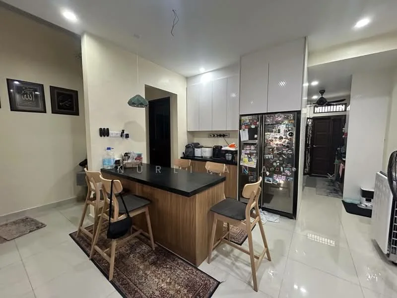 Kitchen features: island kitchen with black countertop, stainless-steel fridge, white high-gloss cabinetry, ceramic tile flooring, recessed downlights, pendant light above island, black dining stools, decorative rug, wall-mounted cabinets, kitchen appliances on countertop; style: modern.
