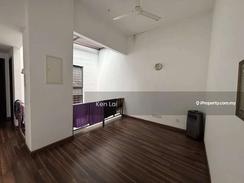 Room features: wooden flooring, white painted walls, ceiling fan, large window with view, balcony access, decorative wall clock, air conditioning unit, purple curtain; style: modern.