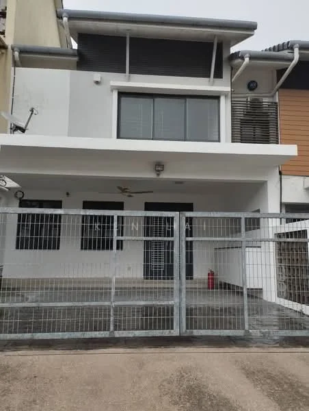 Exterior type: linked terrace house; features: white painted facade, flat roof, metal railing, gated entrance, concrete driveway, single-storey, ceiling fan on porch, large front windows, grey tiled flooring, fire extinguisher visible, modern design; style: modern.