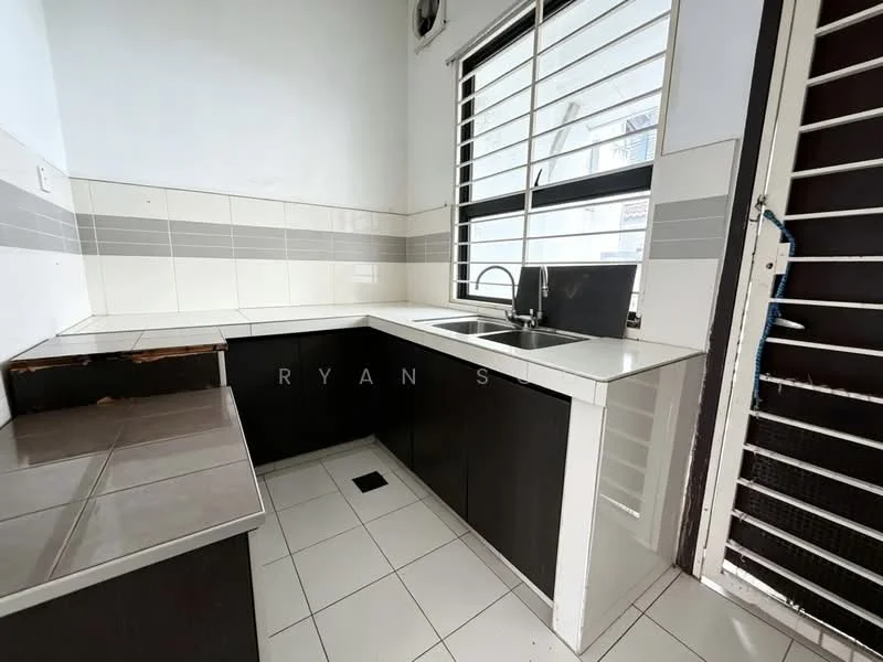 Kitchen features: L-shaped kitchen layout, white tiled walls, grey accent tiles, black countertop, single-bowl stainless-steel sink, chrome pull-down faucet, dark wood cabinetry, white ceramic floor tiles, window with horizontal slats, door leading outside; style: modern.