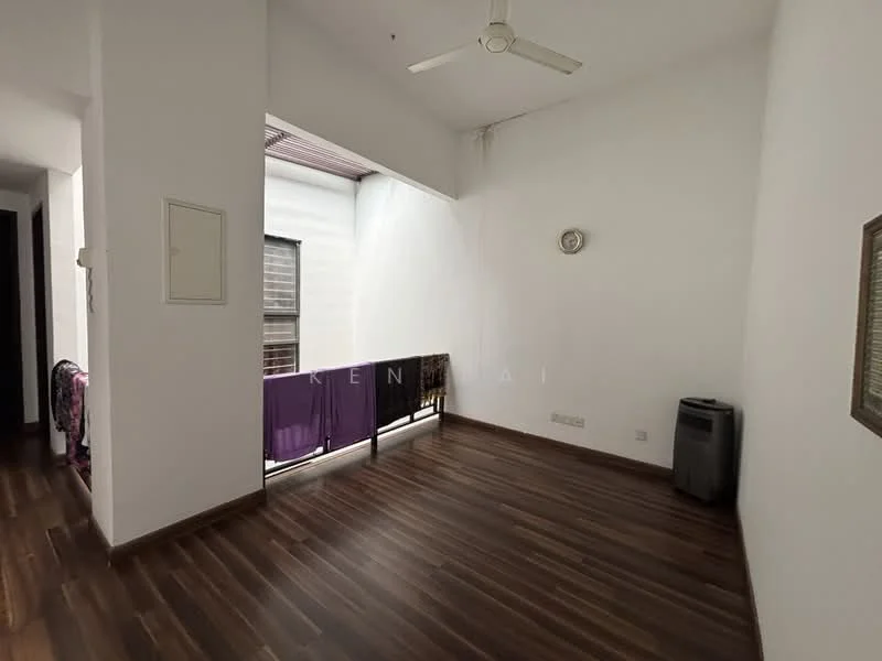 Room features: wooden flooring, white painted walls, ceiling fan, wall clock, sliding glass door, balcony with railing, window with natural light, corner space; style: modern.
