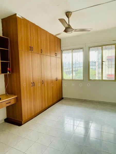 Bedroom features: built-in wardrobe with wooden finish, ceiling fan, white tiled flooring, large windows with metal grills, desk with shelving, neutral wall color, natural light from windows, view of greenery outside; style: modern; view: garden.