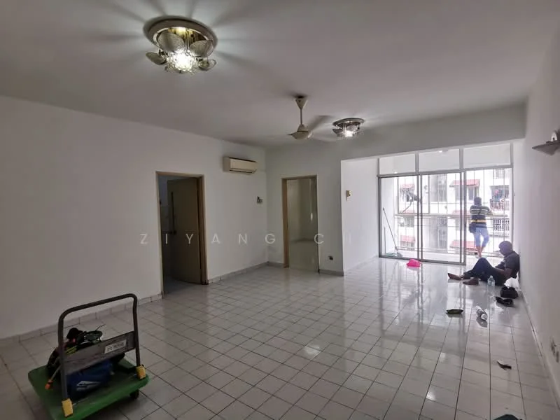 Living features: white painted walls, glossy white tile flooring, 2 ceiling fans, 1 wall-mounted split AC, floor-to-ceiling sliding glass door, natural light from sliding door, neutral decor, open layout; style: modern. Room features: doorway leading to another room, empty space, furniture cart.