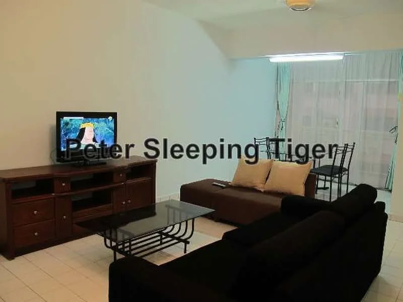 Living features: black fabric 3-seater sofa, brown leather L-shape sectional sofa, glass coffee table, wood TV console, wall-mounted TV, white painted walls, tile flooring, ceiling light fixture; style: modern.