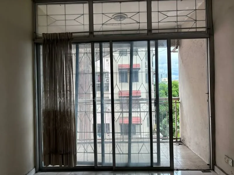 Room features: floor-to-ceiling sliding glass door, curtains, white walls, tile flooring, balcony view, metal railing, window with grid pattern, air conditioning unit visible outside; view: city.