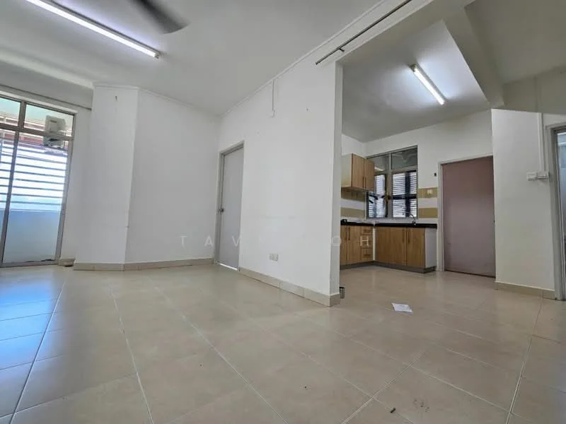 Room features: white painted walls, tile flooring, window with blinds, kitchen cabinetry, countertop, door to balcony, ceiling lights, air conditioning unit; style: modern.