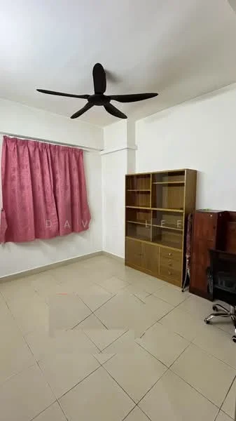 Room features: light-colored painted walls, tiled flooring, 5-blade ceiling fan in black, pink curtains, wooden shelving unit, wooden desk, office chair; style: minimalist.