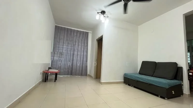 Living features: white painted walls, tile flooring, 5-blade ceiling fan with light, sofa in dark grey, curtains in light grey, small side table, doorway leading to another room; style: modern.