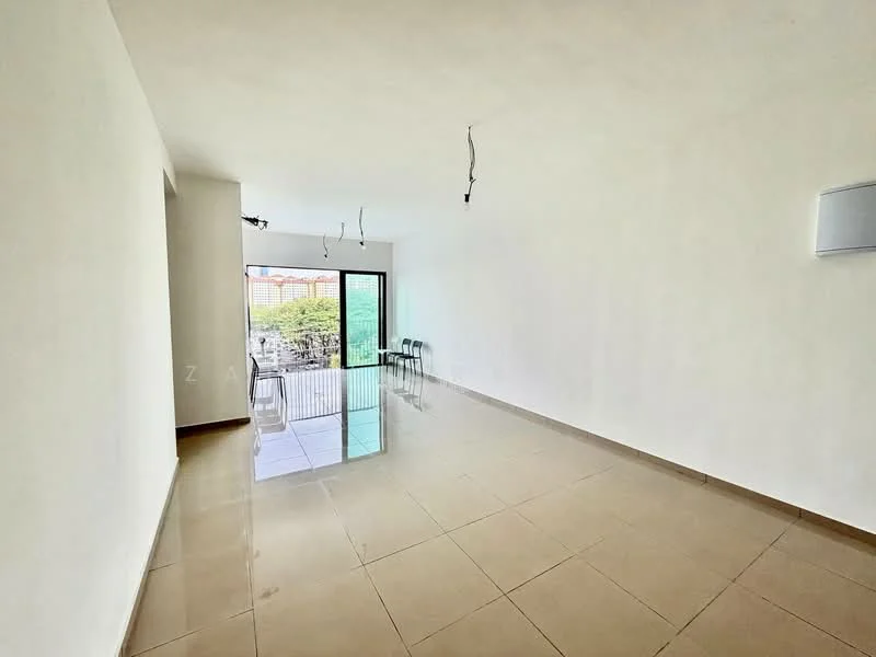 Living features: white painted walls, glossy ceramic tile flooring, floor-to-ceiling sliding glass door, natural light from sliding door, recessed downlights, ceiling with exposed wiring, open layout, view of outdoor space; style: modern; view: garden.