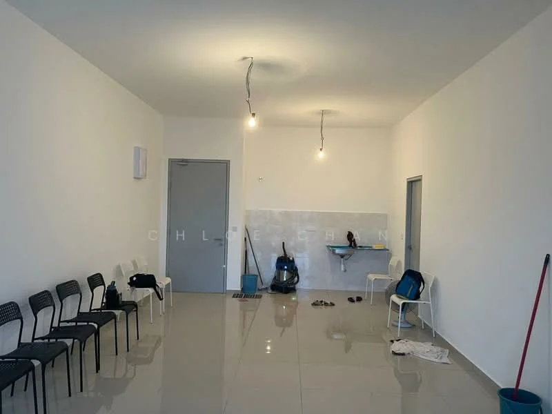Room features: white painted walls, glossy tile flooring, two ceiling lights, grey door, light grey wall, cleaning supplies visible, plastic chairs, vacuum cleaner, mop, slippers on floor; style: modern.