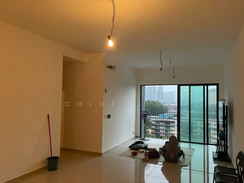 Living features: white painted walls, glossy tile flooring, floor-to-ceiling windows, city skyline view, single light bulb pendant lighting, unfurnished space, minimalist decor, visible electrical wiring, clean lines, open layout; style: modern; view: city.