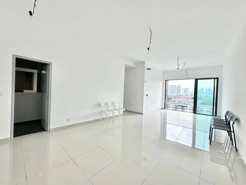 Living features: white painted walls, glossy porcelain tile flooring, floor-to-ceiling windows, city view, recessed downlights, minimalist design, open layout, black metal chairs; style: modern; view: city. Room features: grey door, dark flooring visible in doorway.