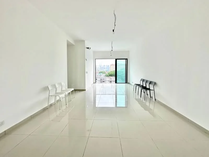 Living features: white painted walls, glossy ceramic tile flooring, large floor-to-ceiling windows, sliding glass door, city view, recessed downlights, minimalist lighting fixtures, four white plastic chairs; style: modern; view: city.