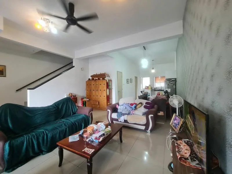 Living features: 3-seater fabric sofa in green, 2-seater fabric sofa in white and brown, wooden coffee table, wall-mounted TV, ceiling fan with light, tile flooring, decorative wall with pattern, staircase in background, wooden cabinet, area rug; style: modern.