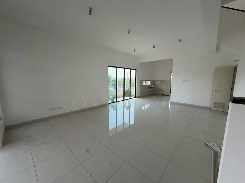 Living features: white painted walls, glossy ceramic tile flooring, floor-to-ceiling windows, sliding glass door, recessed downlights, open layout, high ceiling, natural light from windows; style: modern; view: garden.
