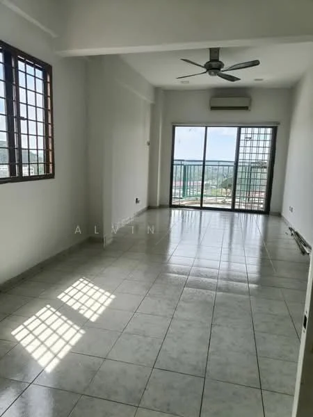 Living features: white painted walls, ceramic tile flooring, 5-blade ceiling fan, floor-to-ceiling windows, sliding glass door, balcony access, air conditioning unit, natural light from windows; style: modern; view: city.