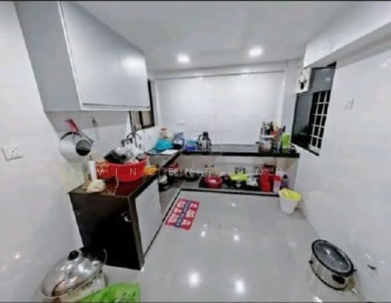 Kitchen features: white tiled walls, grey countertop, black cabinets, stainless-steel sink, chrome pull-down faucet, built-in stove, microwave, kettle, various kitchen utensils, floor tiles with glossy finish, window with grid pattern, red area rug; style: modern.