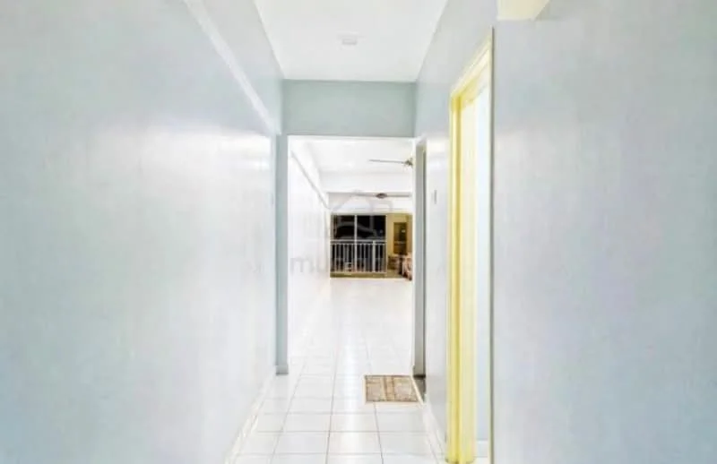 Room features: white painted walls, glossy white tile flooring, yellow door frame, recessed ceiling lights, open layout, visible hallway leading to living area, natural light from windows, neutral color scheme; style: modern.