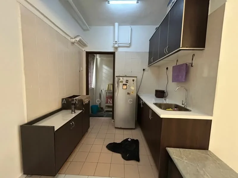 Kitchen features: brown cabinetry, white countertop, stainless-steel fridge, single-bowl stainless-steel sink, chrome pull-down faucet, tile backsplash, cream tiled walls, cream tiled flooring, window with sheer curtains, kitchen appliances, open shelving, wall-mounted pipework; style: modern.