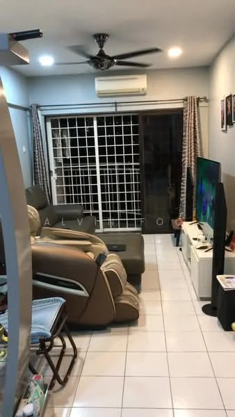 Living features: 3-seater fabric sofa in grey, 2-seater leather sofa, coffee table, wall-mounted TV, TV console, floor-to-ceiling windows, sliding glass door, curtains, ceiling fan, white tiled flooring, decorative wall art, area rug; style: modern.