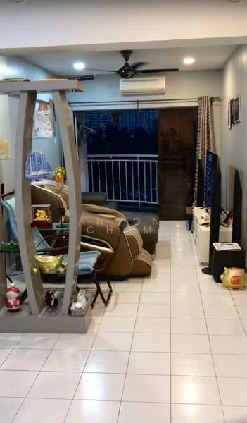 Living features: cream painted walls, white tiled flooring, 5-blade ceiling fan with light, sofa in brown leather, coffee table, TV console, wall-mounted TV, floor-to-ceiling windows, sliding glass door, curtains, decorative shelving unit, area rug; style: modern; view: city.