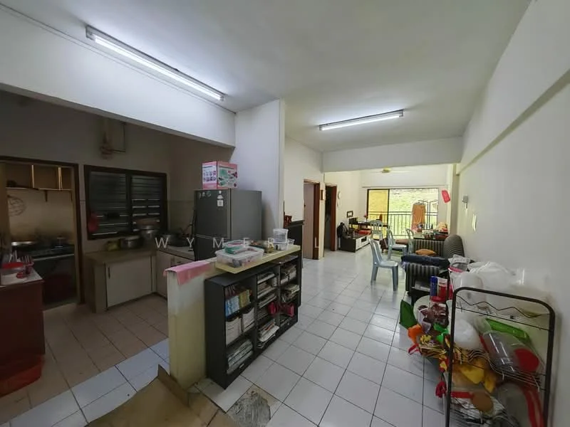 Kitchen features: wood cabinetry, stainless-steel fridge, built-in oven, ceramic tile flooring, white walls, kitchen countertop, sink, open shelving. Living features: sofa, coffee table, TV console, area rug, white walls, tile flooring, ceiling lights, dining table.