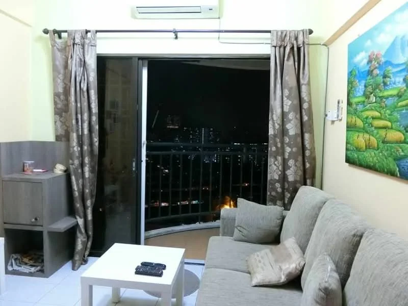 Living features: 3-seater fabric sofa in light grey, white coffee table, wall-mounted air conditioning unit, floor-to-ceiling sliding glass door, curtains with floral pattern, decorative painting on wall, wooden side table, laminate flooring; style: contemporary; view: city.