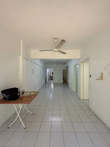 Room features: white painted walls, white tiled flooring, ceiling fan, doorway leading to other rooms, light fixtures on ceiling, open layout, no visible furniture, neutral color scheme; style: minimalist.