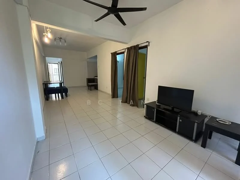 Living features: white painted walls, tile flooring, 5-blade ceiling fan, wall-mounted TV, black TV console, black coffee table, curtains, open layout, natural light from windows; style: modern. Dining features: black dining table, 4 dining chairs, tile flooring; style: modern.