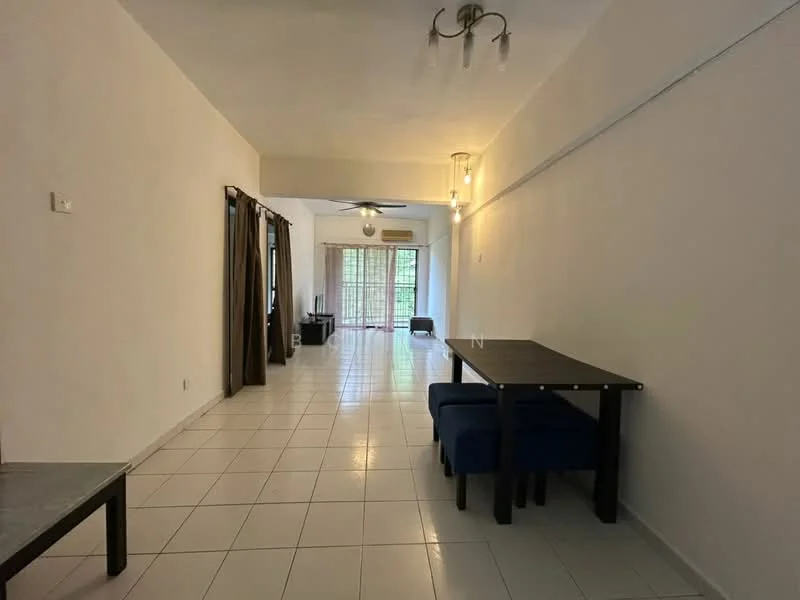 Living features: white painted walls, tile flooring, 5-blade ceiling fan, recessed downlights, large sliding glass door, floor-to-ceiling windows, curtains, dining table with 4 blue upholstered chairs, TV console, decorative light fixture; style: modern; view: garden.