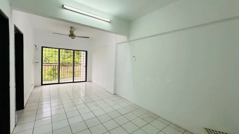 Living features: white painted walls, white tiled flooring, 5-blade ceiling fan, floor-to-ceiling windows, sliding glass door, black window frames, natural light from windows, open layout; style: minimalist; view: garden.
