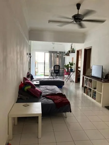 Living features: white painted walls, ceramic tile flooring, 5-blade ceiling fan, sofa with cushions in various colors, coffee table, TV console, wall-mounted TV, decorative plants, sliding glass door, curtains, open shelving unit; style: modern; view: garden.