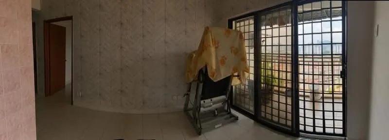 Room features: cream painted walls, textured wallpaper, white tiled flooring, floor-to-ceiling sliding glass doors, black metal grille on doors, balcony view, decorative curtain, furniture covered with fabric; style: modern; view: city.