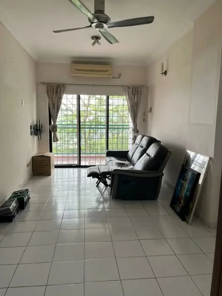 Living features: white painted walls, glossy white tile flooring, 5-blade ceiling fan with light, floor-to-ceiling windows, curtains, air conditioning unit, reclining leather sofa, TV wall mount, decorative artwork, cardboard boxes; style: modern; view: garden.