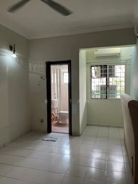 Room features: white painted walls, tile flooring, ceiling fan, window with grille, door leading to bathroom, light fixture on wall, air conditioning unit, neutral color scheme; style: modern.