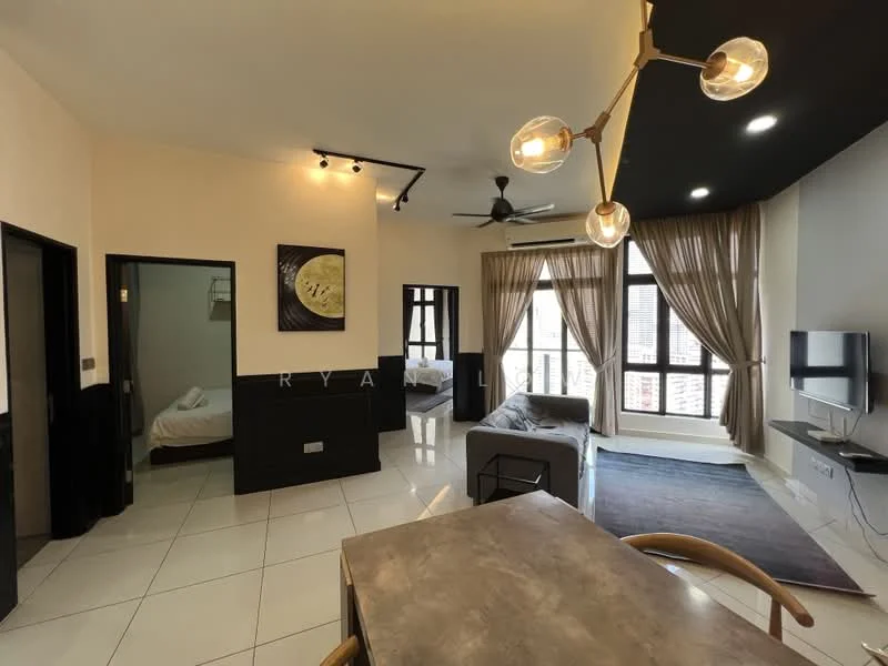 Living features: white painted walls, black accent wall, glossy tile flooring, 5-blade ceiling fan with light, large windows with sheer curtains, sofa in grey fabric, coffee table, wall-mounted TV, decorative light fixture, area rug with geometric pattern; style: modern; view: city. Bedroom features: white painted walls, carpet flooring, bed with white bedding, window with sheer curtains. Dining features: dining table, wooden chairs.