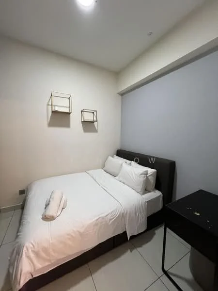 Bedroom features: queen-size bed, white bedding, grey accent wall, white painted walls, two wall-mounted shelves, black bedside table, tile flooring, recessed ceiling light; style: modern.