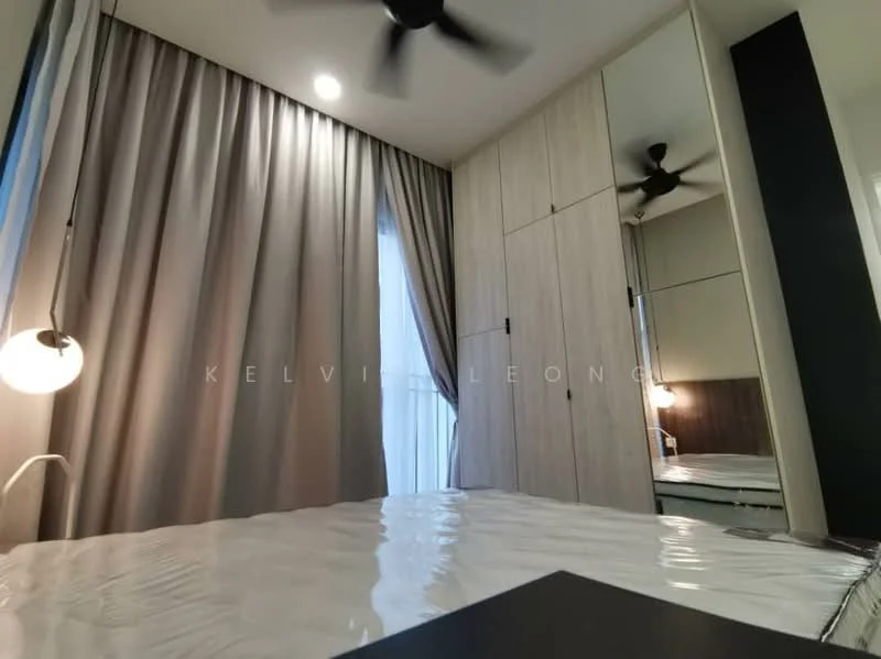 Bedroom features: queen-size bed, upholstered headboard, bedside lamp, built-in wardrobe with mirrored doors, floor-to-ceiling window, sheer curtains, dark wood accent wall, ceiling fan with light, wooden flooring, decorative wall paneling; style: modern.
