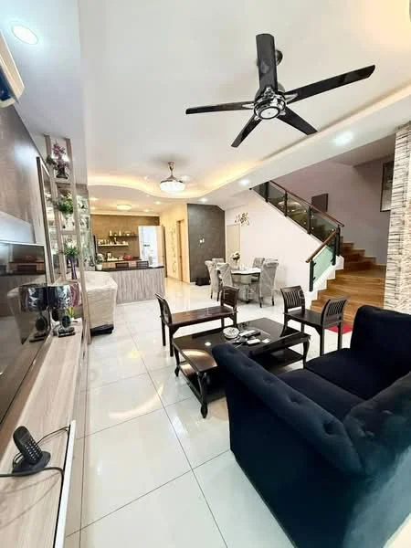 Living features: black fabric sofa, 3-seater sofa, coffee table, wall-mounted TV, ceiling fan with light, white tiled flooring, decorative wall with stone cladding, recessed lighting, open layout to dining area; style: modern. Dining features: 6-seater dining table, upholstered dining chairs, decorative centerpiece, open layout to living area; style: modern.