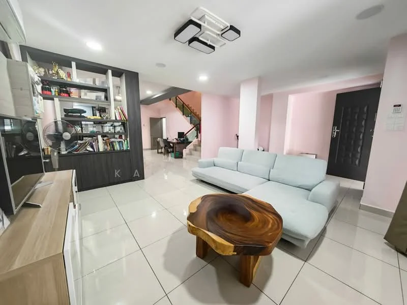 Living features: light grey fabric sectional sofa, wooden coffee table with natural finish, white tiled flooring, pink painted walls, built-in shelving unit with books and decor, ceiling-mounted LED lights, wall-mounted TV, 2 ceiling fans, open layout to dining area, staircase visible in background; style: modern.