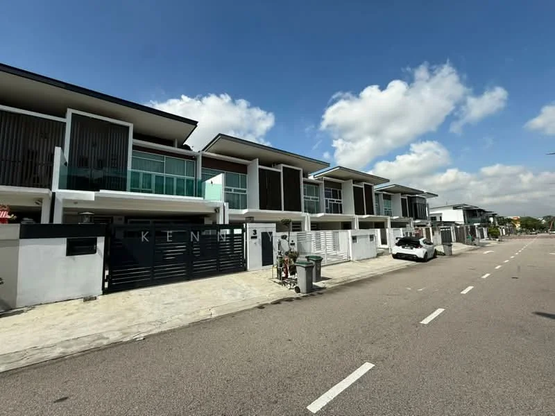 Exterior type: linked terrace house; features: white painted facade, glass balcony railings, flat roof, two-storey, manicured driveway, paved walkway, modern architectural design, visible car porch, street view, surrounded by greenery; style: modern.