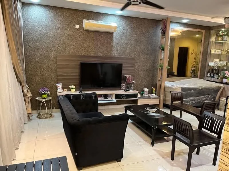 Living features: black fabric 3-seater sofa, wooden coffee table, black wooden dining table with chairs, wall-mounted flat-screen TV, wooden TV console, decorative wall with textured finish, cream tiled flooring, air conditioning unit, curtains, decorative plants, wall-mounted shelves with decor items, recessed ceiling lights, ceiling fan; style: modern.