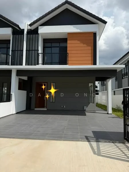 Exterior type: linked terrace house; features: grey painted facade, white painted facade, wooden accent panel, black vertical slats, flat roof, paved driveway, front porch area, large windows, balcony with railing; style: modern.