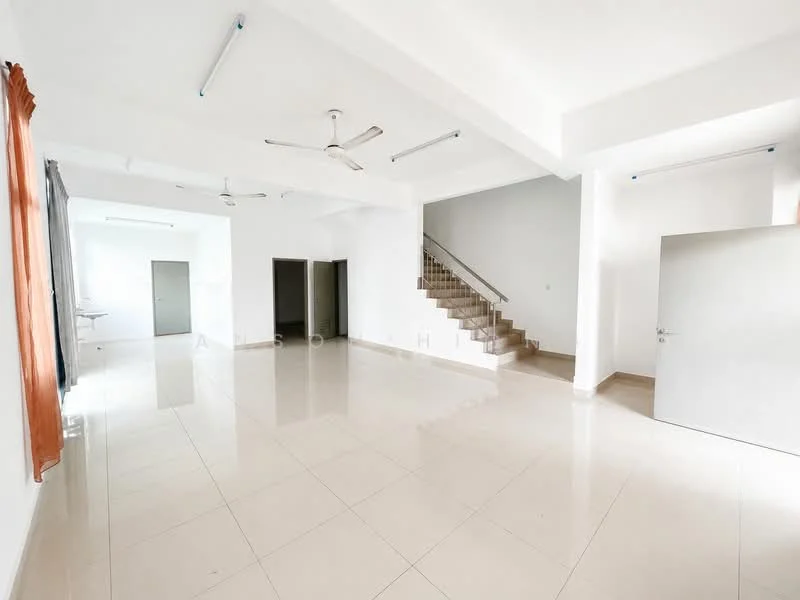 Room features: white painted walls, polished ceramic tile flooring, exposed ceiling with lighting fixtures, 2 ceiling fans, large windows with sheer curtains, staircase leading to upper floor, open layout, neutral color scheme, doorway leading to other rooms; style: modern.