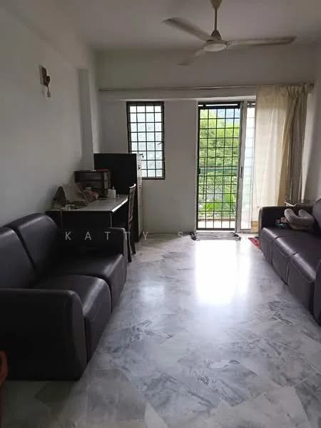Living features: 2-seater leather sofa in dark brown, 3-seater leather sofa in dark brown, marble flooring, ceiling fan, floor-to-ceiling windows, sliding glass door, curtains, wall-mounted TV, decorative wall sconce, coffee table, side table, open shelving unit; style: modern; view: garden.