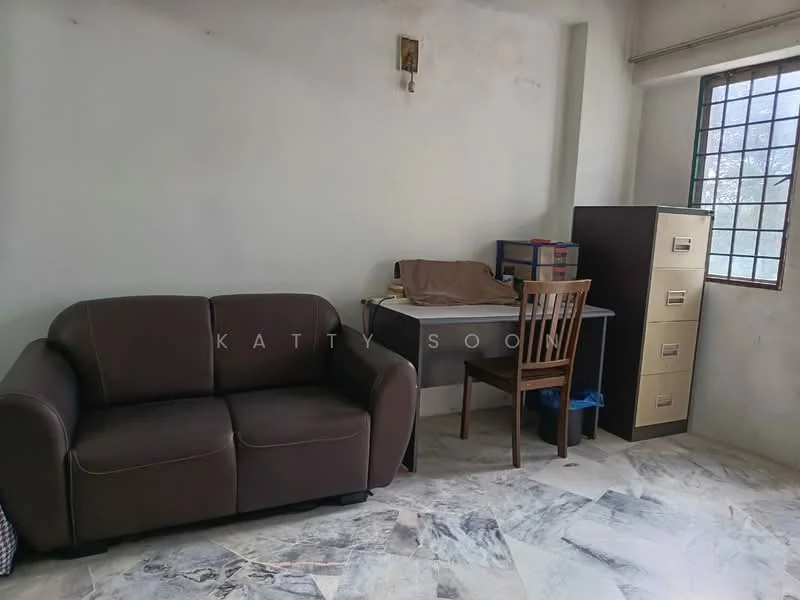 Room features: brown fabric sofa, wooden dining chair, metal filing cabinet, desk with surface, marble flooring, white painted walls, window with grid pattern, natural light from window; style: minimalist.