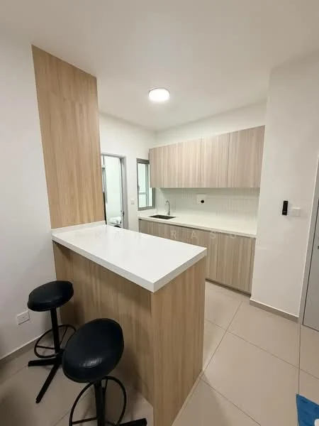 Kitchen features: white quartz countertop, light wood cabinetry, single-bowl stainless-steel sink, chrome pull-down faucet, built-in oven, freestanding range oven, ceramic tile flooring, recessed downlights, bar counter with seating, open layout, white tiled backsplash, window for natural light; style: modern.